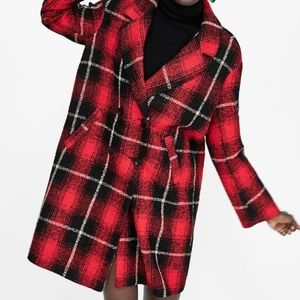 zara red check plaid coat